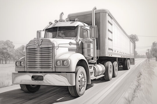Pencil drawing of truck with trailer. Generative AI