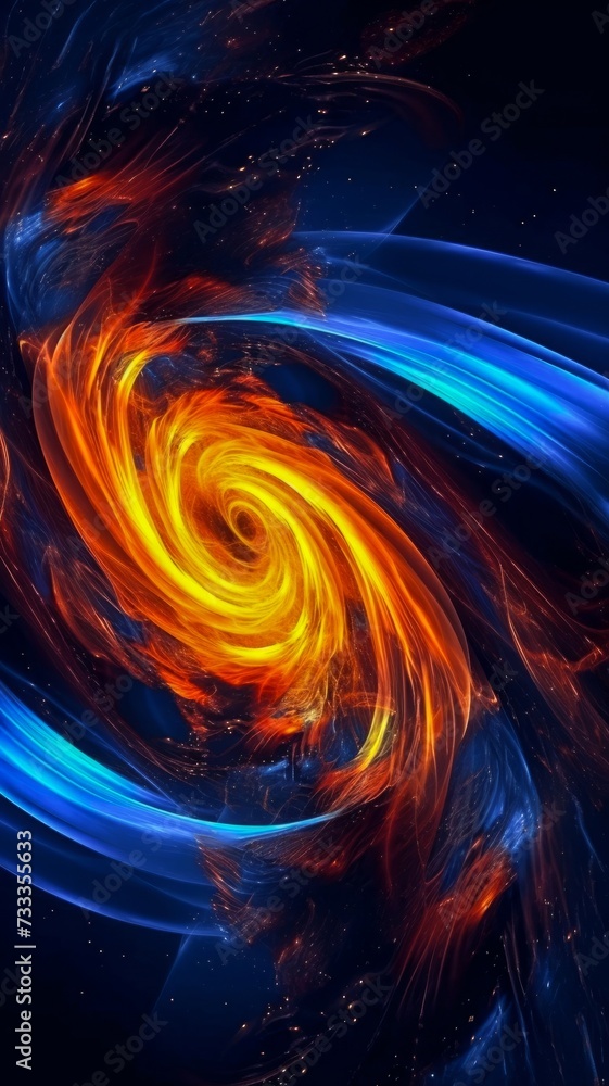 Poster computer generated image of a blue and orange swirl. generative ai.