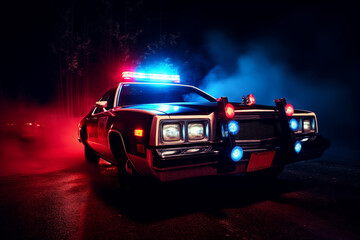 Retro police car with red and blue emergency lights flashing, illuminating the surrounding area. Generative AI