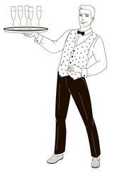 waiter man with tray champagne glasses