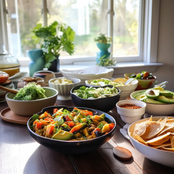 A beautiful dining table displaying various dishes of Mexican cuisine