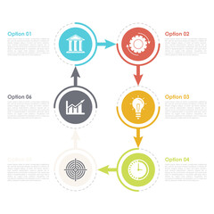 Business infographics template with 6 elements, steps, options, parts or processes. Isolated on white background.