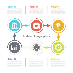 Business infographics template with 6 elements, steps, options, parts or processes. Isolated on white background.