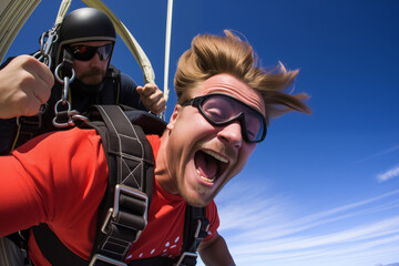 Tandem skydiving instructor and student jumping out of an airplane together. Generative AI - obrazy, fototapety, plakaty