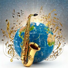 earth globe with a saxophone and musical notes around,  music day concept