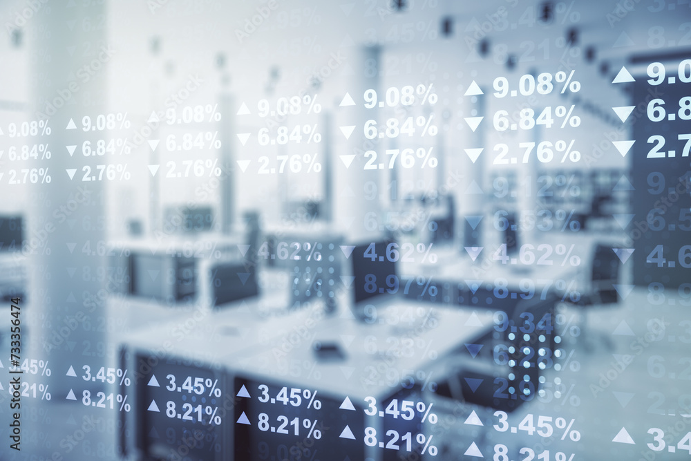 Poster Double exposure of abstract creative statistics data hologram on a modern furnished office interior background, analytics and forecasting concept