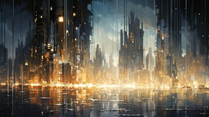 A cityscape with buildings that emit soothing sounds in response to the wind