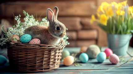 Fototapeta na wymiar Easter colorful eggs in a wicker basket and a bunny on a wooden table