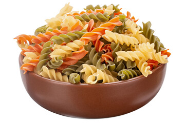Raw tricolor fusilli or rotini pasta (traditional, tomato and spinach taste) in clay bowl isolated on white background. File contains clipping path.