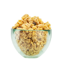 Cereal nutritious breakfast in a glass plate. Isolated on white background.