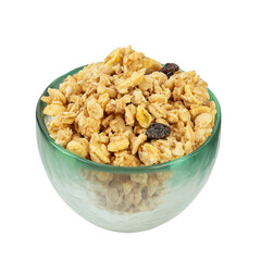 Glass bowl of muesli and granola isolated on white background. Healthy breakfast. Oatmeal.