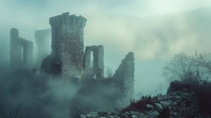 old ruined castle was covered with a mysterious fog 
