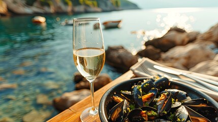 Restaurant dinner with mussels dish and champagne glass on sea resort wallpaper background
 - obrazy, fototapety, plakaty