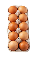 Ten brown eggs in a carton package isolated in white background. File contains clipping path.