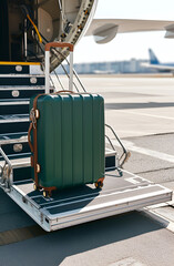 Green travel suitcase standing on the steps of an airplane