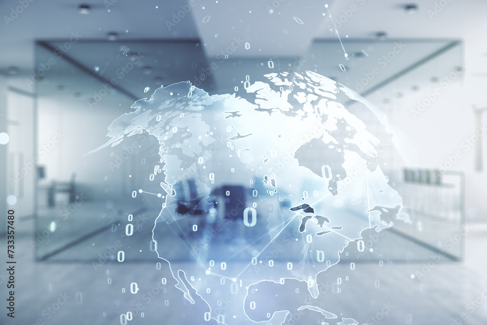 Poster double exposure of abstract programming language hologram and world map on modern corporate office b