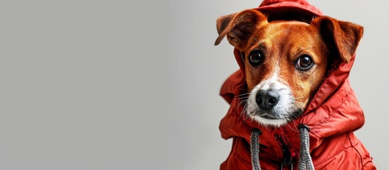 A Fawn-colored Labrador Retriever, a working dog from the Sporting Group, is dressed in a red raincoat with a hood to protect it from the rain. - obrazy, fototapety, plakaty