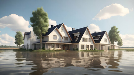 3d rendering. flooding houses.Generative AI