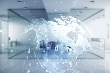 Double exposure of abstract programming language hologram and world map on modern corporate office background, research and development concept