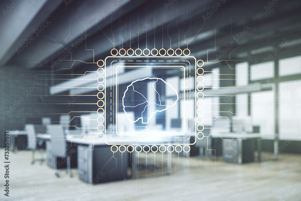 Aufkleber double exposure of creative artificial intelligence interface on modern corporate office background.