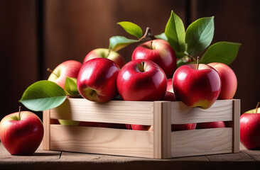 Close-up red apples in a wooden box on wooden background. Generated AI