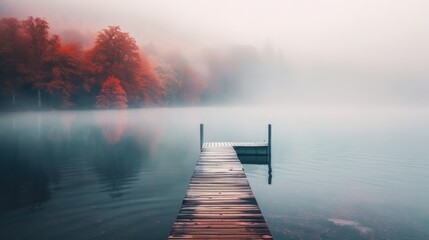 fog hid the wooden pier on the lake
 - obrazy, fototapety, plakaty