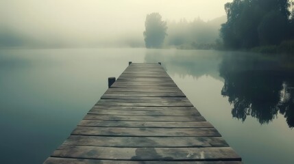 fog hid the wooden pier on the lake
