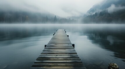Fototapeta premium fog hid the wooden pier on the lake 