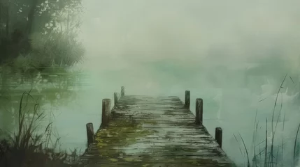 Fotobehang fog hid the wooden pier on the lake  © Alexander