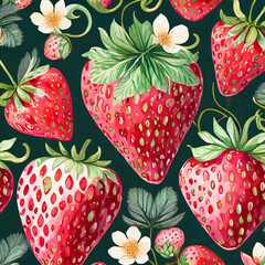 Illustration of fresh and juicy looking strawberries. Strawberry seedlings and flowers. Square image.