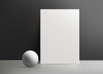 A realistic canvas mockup with blank space, by the wall on black background, with realistic white ball perfect for posters, art projects, paintings, presentations, marketing materials. Not AI.