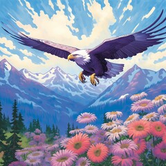 Majestic Bald Eagle Flying Over Wildflower Meadow Against Mountain Backdrop