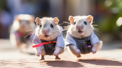 Two small white rats wearing shirts and ties running on a sidewalk, AI