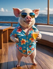 Sea Breeze Swagger: Cute Funny Pig Rocks Hawaii Shirt on the Yacht