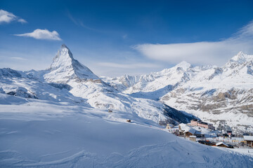 Matterhorn, Switzerland. Winter mountain landscape. A place for skiing. Zermatt ski resort. High...