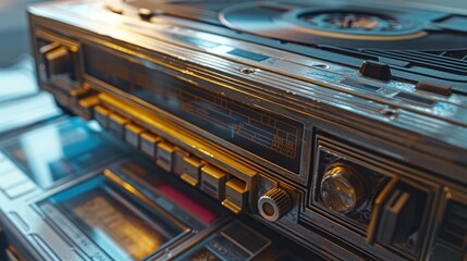 An up-close view of an old-fashioned stereo system. Perfect for nostalgic music lovers or vintage-themed designs