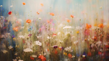 Obraz na płótnie Canvas A field of wildflowers, their colors blending into a soft, harmonious blur.