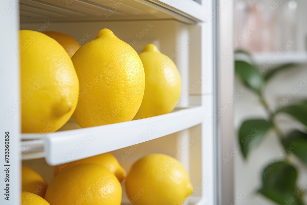 Poster lemons sitting on a shelf in a refrigerator. suitable for food and kitchen-related concepts