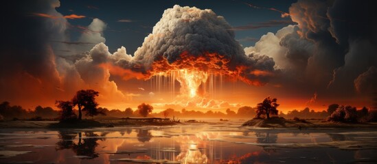 mushroom cloud over industrial nuclear plant zone - obrazy, fototapety, plakaty