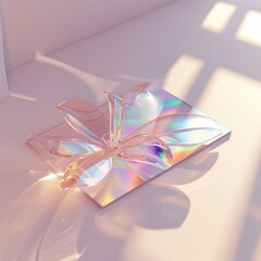 card , on floating 3D iridescent glass, organic forms, light refraction
