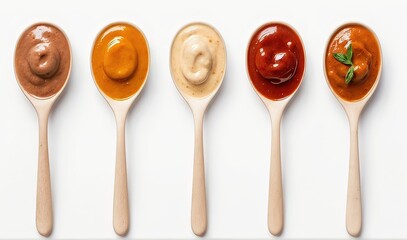 Tasty and various sauces on spoons isolated on a white background, top view
