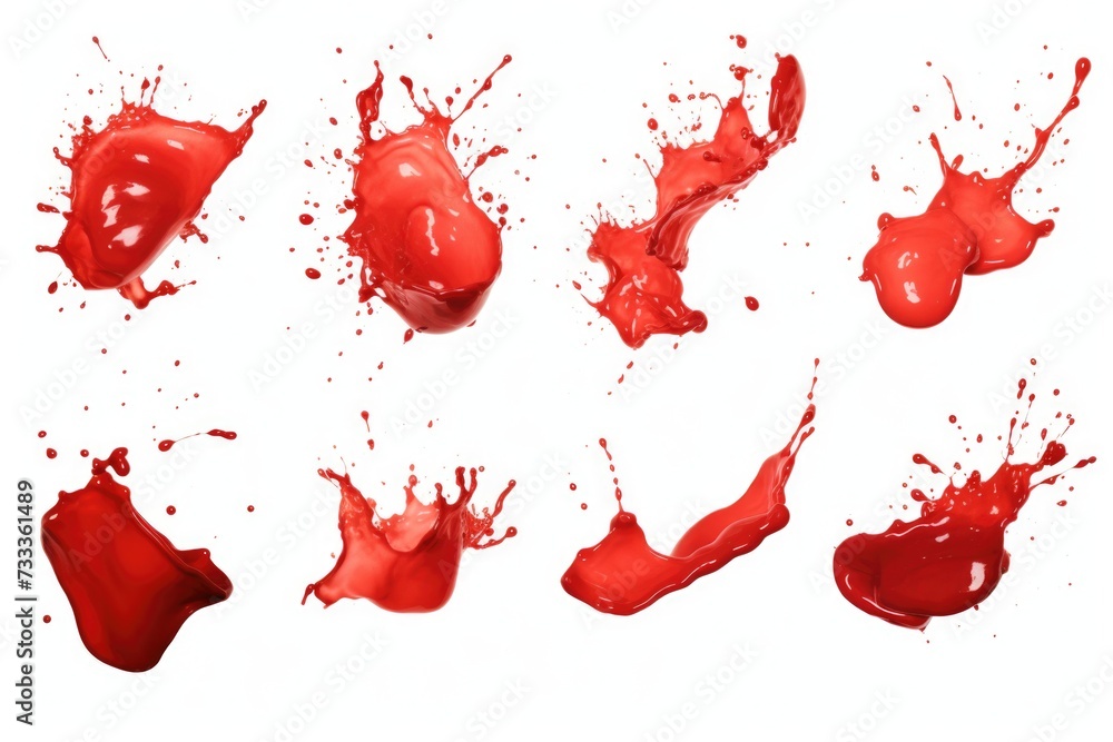 Poster a group of red liquid splashes on a clean white surface. perfect for illustrating concepts like ener