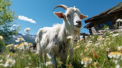 A goat with long horns standing in a field of flowers, AI