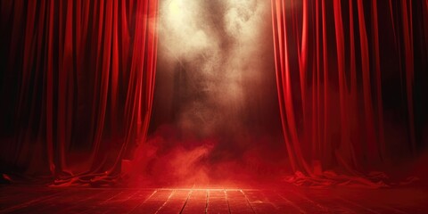 A stage with a red curtain and smoke coming out of it. Suitable for theater performances or dramatic events
