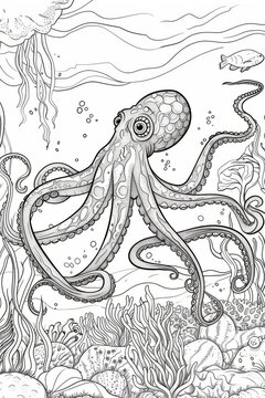 An octopus at the bottom of the sea. A black and white coloring book. coloring pages for children.