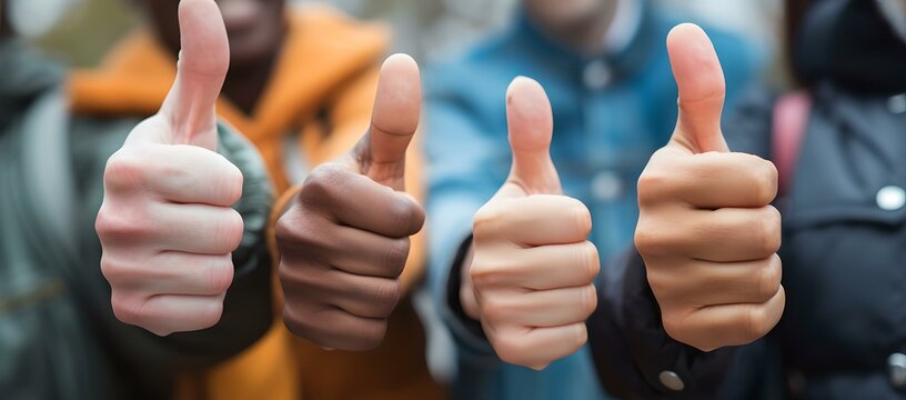Diverse group giving thumbs up, positive feedback concept. close-up of hands showing approval, casual style. multicultural team expression of success and unity. AI