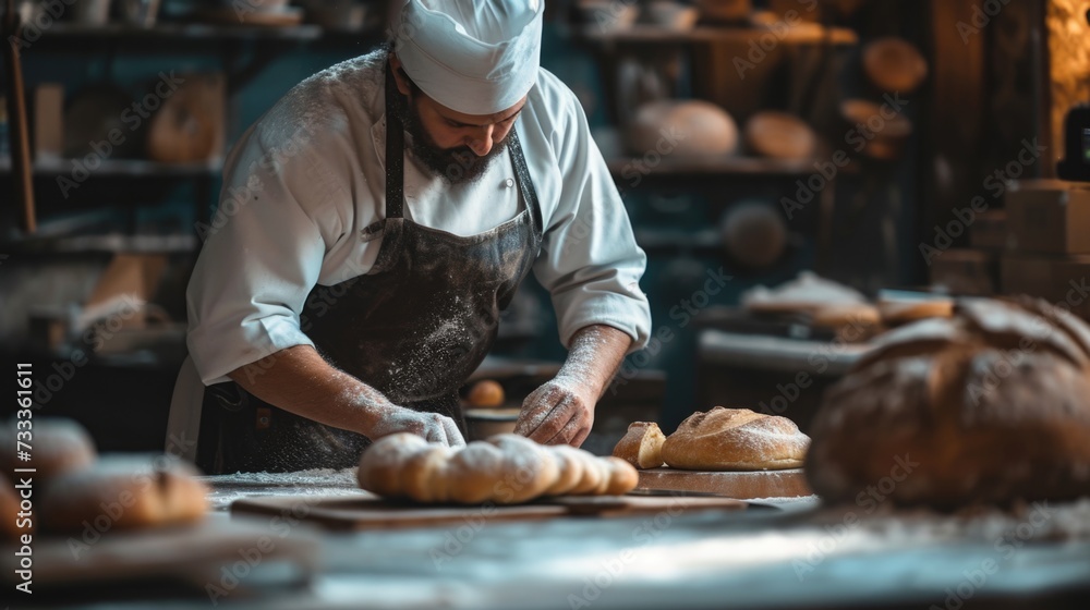 Poster a man in a chef's hat is making bread. this image can be used to showcase the art of bread-making an