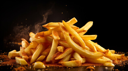 Golden frenh fries potatoes on a black background