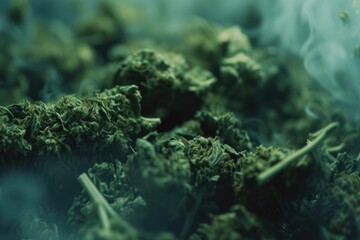 A pile of marijuana sitting on top of a pile of smoke. Suitable for drug-related content or medical articles - obrazy, fototapety, plakaty