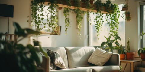 A vibrant living room filled with an abundance of green plants. This image is perfect for interior design inspiration or articles about creating a calming and natural atmosphere in your home